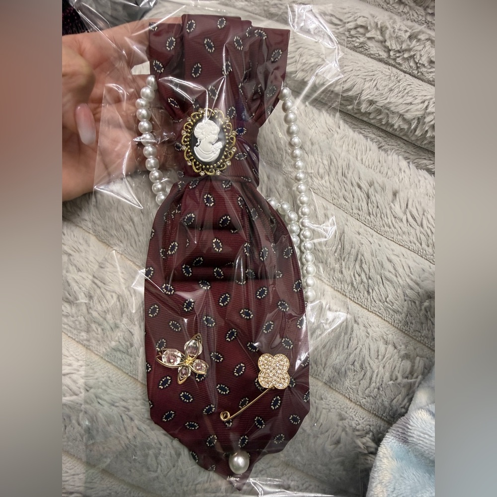 Upcycle Burgundy cameo Tie necklace with Brooches and Pearls